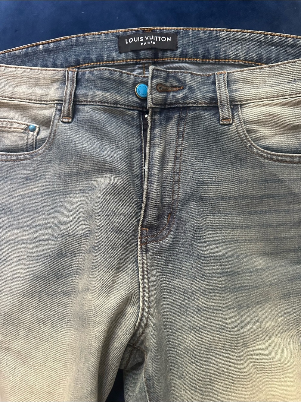 Louis Vuitton Men's Tan-Accented Gray Jeans with Embossed Monogram blue buttons - Picture 2 of 2